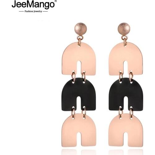 JeeMango Titanium Steel Geometric Character Earrings Jewelry Trendy Rose Gold Stud Earrings For Women Boucles D'oreilles JE18023