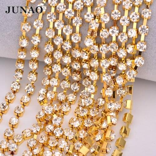 JUNAO 10yards/lot SS28 6mm Gold Sewing Rhinestone Chain Trim Glass Claw Strass Chain Sew Metal Trimming Banding for Clothes