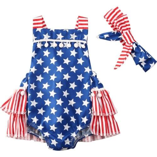 0-24M Newborn Baby Girls Boys Rompers Striped Star Print Sleeveless Ruffles Backless Jumpsuits Headband 2pcs