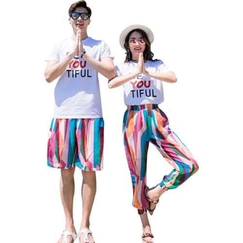 Lover Travel Set Couple Beach Style Clothes Seaside Woman Short Sleeves White T-Shirt And Ninth Pants Man Top Short Pnats Set