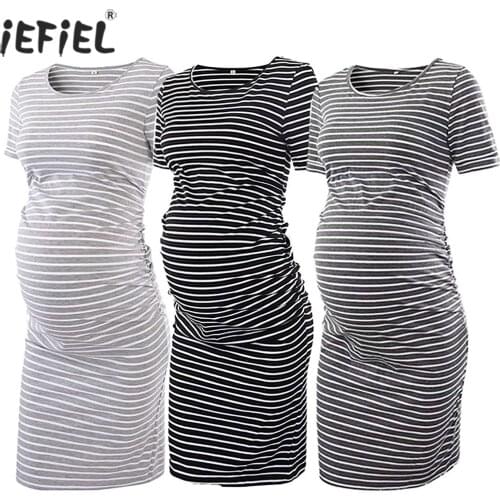 Pregnancy Summer Dresses Pregnant Women Side Ruched Short Sleeve Bodycon Stripe Casual Wrap Dress Home Clothes Maternity Dress