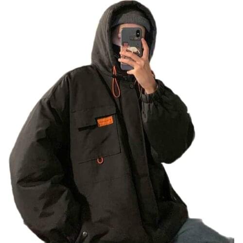 Men Black Streetwear Winter Jackets Coats 2021 Mens Korean Hooded Puffer Jacket Coat Male Harajuku Pocket Hip Hop Parka