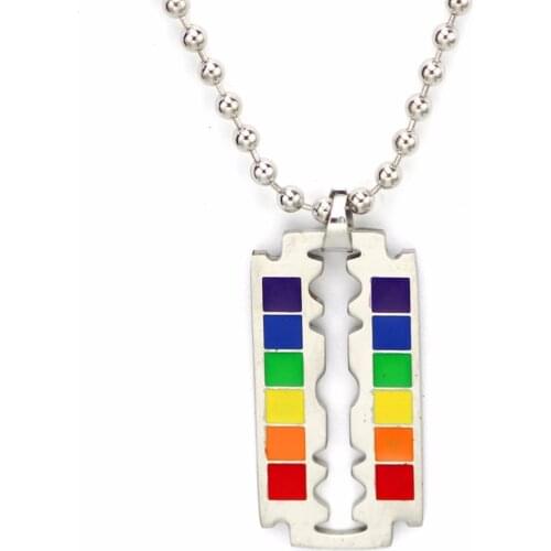 Transgender Mens Necklace Gay Pride Rainbow Blade Design Pendant Chain Plate Stainless Steel LGBT Fashion Jewelry