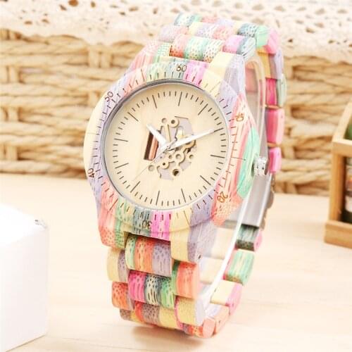 100% Handmde Nature Wood Watch Mens Bamboo Quartz Wristwatch Colorful Full Wooden Bracelet Strap Luminous Hands Hollow Dial