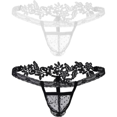 Mens Breathable Sheer Mesh Lace Floral Sissy Bulge Pouch Thong Brief T-back Gay Underwear Knickers