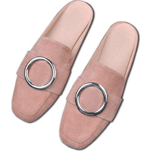 Fashion Womens Suede Mules Sandals Outdoor Cool Ladies Ring Cow Flocks Slides TPR Soled Comfort Anti-skid Female Slippers