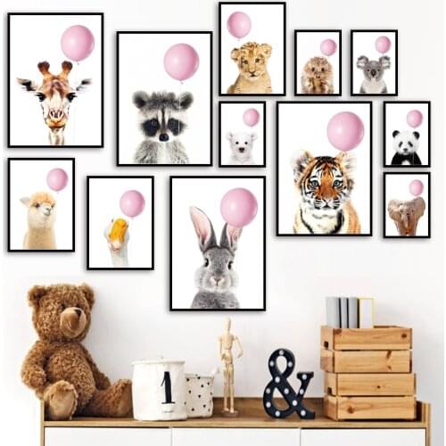 Balloon Rabbit Elephant Giraffe Lion Tiger Nursery Wall Art Print Canvas Painting Nordic Poster Wall Pictures Baby Room Decor