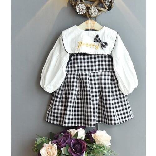 Girls Clothing 2021 New Spring Autumn Long Sleeve Lapel Bowknot Shirt & Plaid Strap Dress Set Toddler Girl Fall Clothes 2-6Y