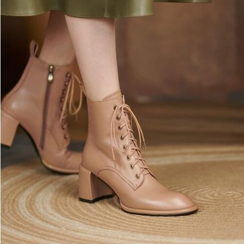 GUIDIBASIC Thick-heeled Short Bboots 2021 Autumn Genuine Leather High Heels Lace-up Short Martin Boots