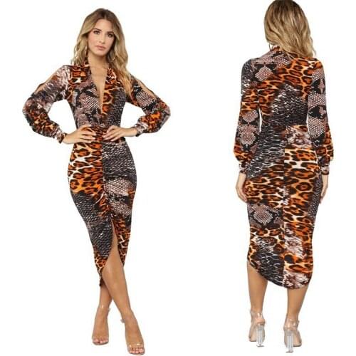 Sexy Leopard/Snake Combination Women Deep V Neck Bodycon Dress Slit Midi Long Elegant Ladies Long Sleeve Clothes