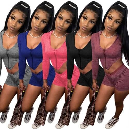 Casual Women Sets Square Neck Hooded Zipper Long Sleeve Skinny Asymmetric Crop Tops High Waist Shorts Tracksuits For Sport Wear