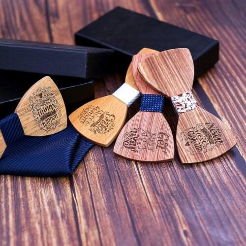 Dropshipping unisex fashion performance tie letter engraved wood bowtie set with blue kerchief package