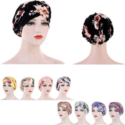 Multicolor Ethnic Style Womens Headgear Soft Floral Pattern Baotou Hat Muslim Fashion Twist Braid Hats Holiday Style Turban Cap