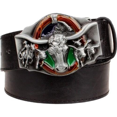Mens leather belt Western cowboy belt punk rock wild west cowboy bull head cow Leather Belt Metal Buckle hip hop belt Men Gift