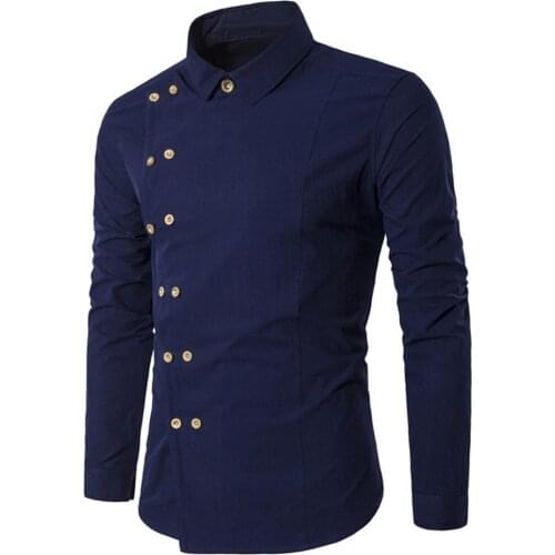 Mens Shirts Long Sleeve Turn Down Collar Diagonal Double-breasted Buttons Cotton Shirt Spring Autumn Casual Slim Irregular Tops