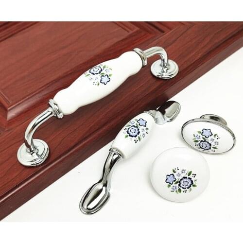 1pc White Ceramic Cabinet Handles With Blue Flowers Zinc Alloy Drawer Knobs Wardrobe Door Handle Simple Furniture Hardware