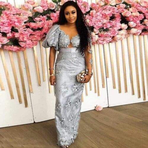 Saudi Arabia Silver Gray Evening Gowns Sheer Neck Lace Appliques One Illusion Long Sleeve Prom Dresses Dubai Robe Floor Length