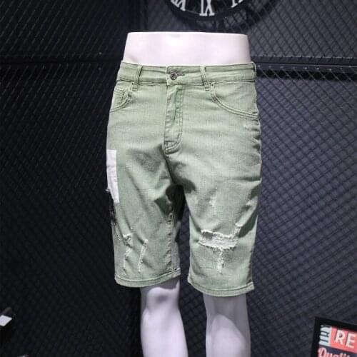 Summer Green Hole Denim Shorts Men Fashion Patch Design Straight Knee-Length Shorts Holiday Casual Zipper Beach Shorts 28-36