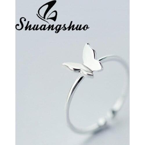 Shuangshuo Simple Fashion 925 Sterling Silver Rings for Women Lovely Butterfly Adjustable Finger Ring Wedding Jewelry Gift