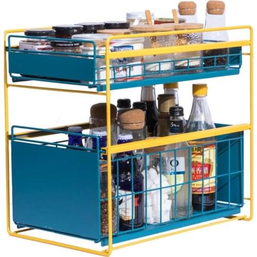 Large capacity kitchen shelf lower sink classification storage rack pull type double-layer seasoning drawer organizer
