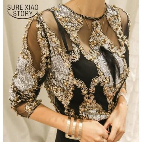 Luxury Women Crystal Sequins Embroidery Blouse Lace Geometric Heavy Beads Shirts 2021 Sexy Blusas Camisa Clubs Hollow Tops 15226