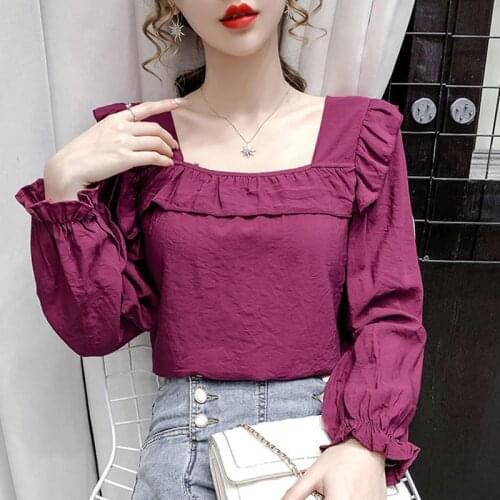 Womens Spring Autumn Style Blouse Shirt Womens Solid Color Square Collar Ruffles Long Sleeve Casual Sweet Tops SP1098
