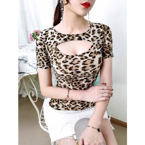 Woman T-shirt 2021 New Summer Sexy Short Sleeve O-neck Leopard Print Slim Fit Hollow Out T-shirt Bodycon Club Tops