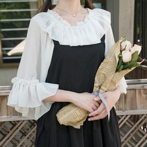 3 Color New Summer Kawaii Lolita Inside Shirt Transparent Lolita Female Chiffon Shirts Cute ruffled short sleeves Women Blouses
