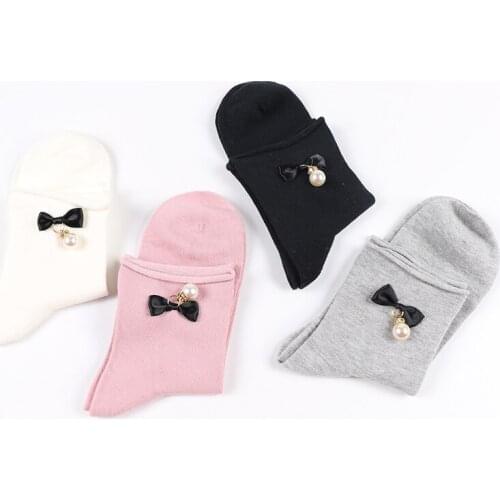 DONG AI Womens Lovely Pearl Bow Socks Cotton Candy Color Casual Female Contrast Color Short Socks Cute Ladies Bow knot Sox