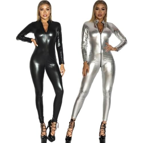 Women Solid Color Zipper Faux Patent Leather Jumpsuit Elastic Zipper Open Crotch Trousers Bar Night Club Female Bodysuit Clothes