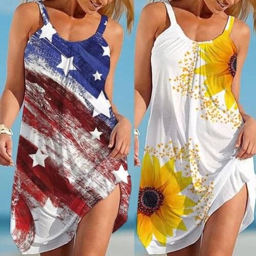 Women Summer Sleeveless Halter Flowy Long Tank Dress Vintage Sunflower American Flag Printed Flared Hem Casual Loose Beach Sundr