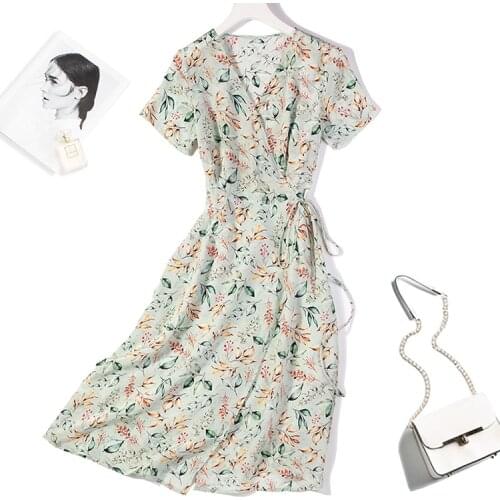 Womens 100% Pure Silk Cap Sleeve Two Layers Green Floral Long Wrap Dress M L XL JN505