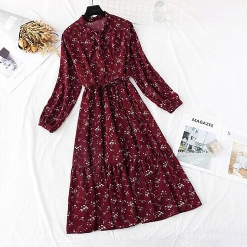 Spring Vintage Printed Dress Women Long Sleeve Bow Casual Chiffon Dresses High Waist Floral A-line Long Dress Female Vestidos
