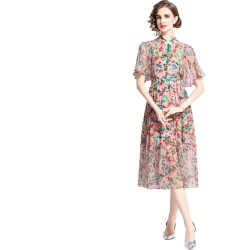 Runway Summer Chiffon Dress Women Pearls Bow Flare Sleeve Midi Long Ruffles Runway Chinese Collar Floral Dresses Female