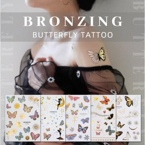 Gold Flash Body Art Water Transfer Waterproof Temporary Tattoo Sticker For Women Girls 3D Butterfly Flower Arm Fake Tattoos