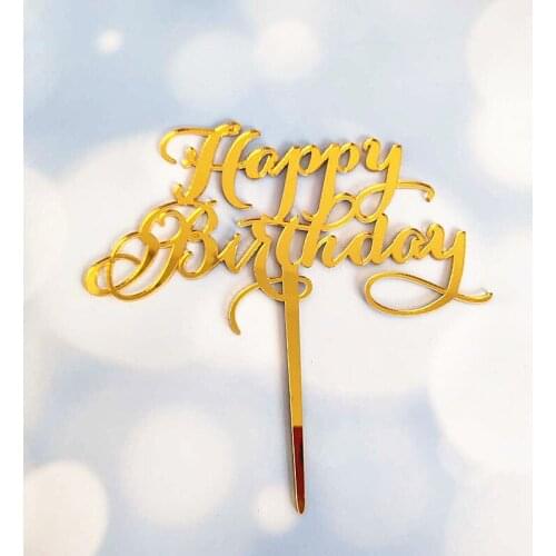 2020 New Gold Happy Birthday Acrylic Cake Topper Birthday Cupcake Topper Flags for Birthday Anniversary Party Cake Decorations