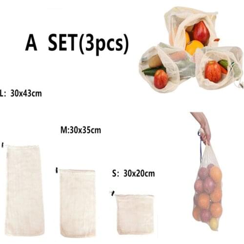 3pcs/set Reusable Cotton Mesh Produce Bags Fruit Vegetable Shopping Organize Bag Washable Durable Grocery Tote Carry Pouch Bag