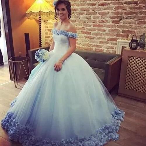 2020 Blue Quinceanera Ball Gown Dresses Off Shoulder Puffy Tulle Flowers Long Sweep Train Sweet 16 Party Prom Evening Gowns