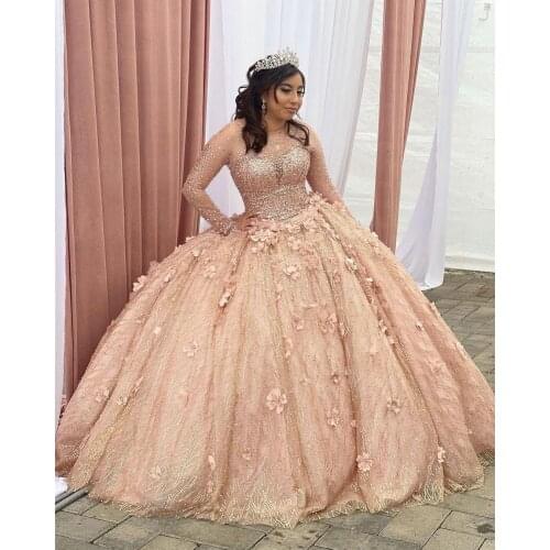 Sparkly 3D Floral Flowers Rose Gold Plus size Quinceanera Prom Dresses 2022 Ball Gown Long Illusion Sleeves Crystal Rhinestones