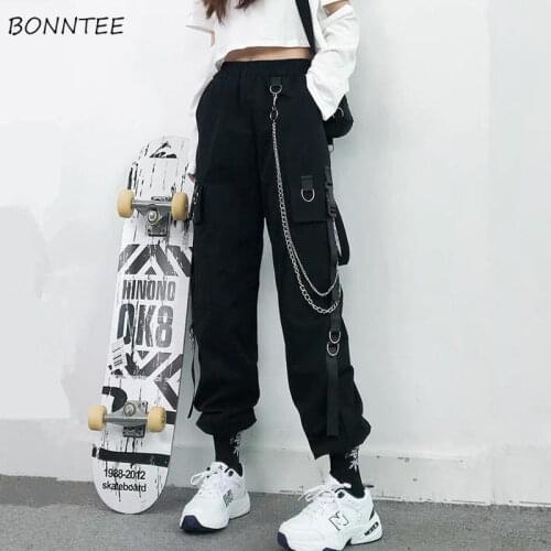 Pants Women Cargo Oversize Fashion Punk Pockets Jogger Trousers with Chain Harajuku Elastics High Waist Streetwear Dance Stylish