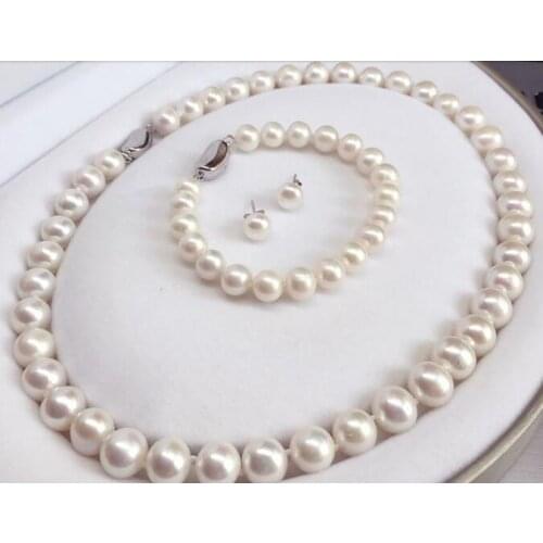 Classic11-12mm round white pearl necklace bracelet &earring