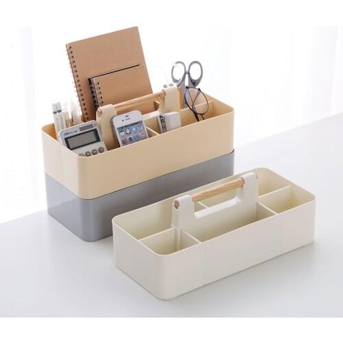 Wooden Handle Storage Box Sorting Cosmetics Storage Box Office Desk Stationery Plastic Finishing Box Penholder Office Supplies