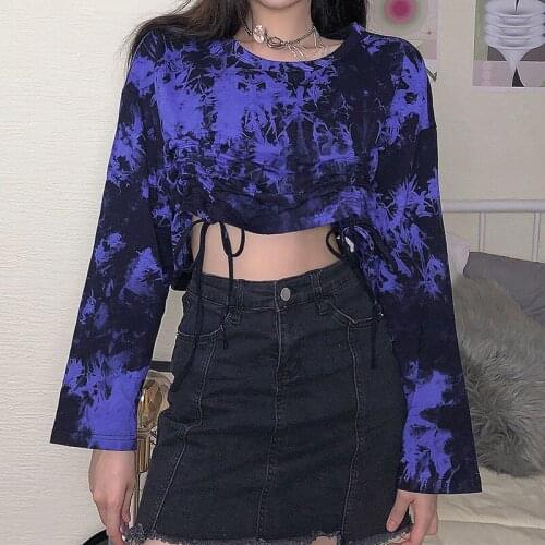 Tie dye Cool Women Pullover Sweatshirt 2021 Autumn Lady Drawstring Hipster Long-sleeve Sweatshirts Contrast Color Street Top New