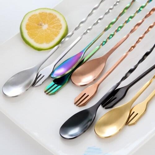 Stirring Spoon Stainless Steel Mixing Cocktail Spoon Fork Dual Use Spiral Bartender Tool Stick Tea Dripping Spoon 26/32cm