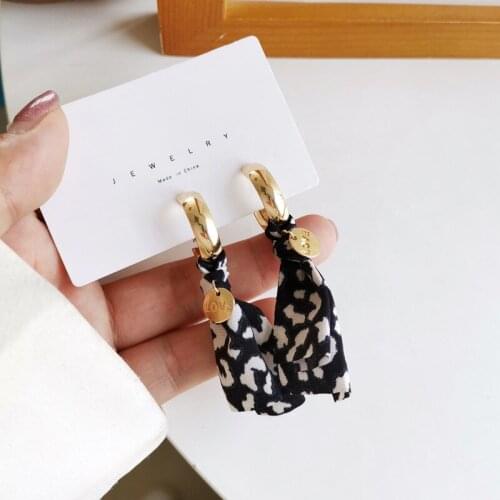 Fashionable Retro Leopard Print Fabric Tassel Earrings Personality Simple Hong Kong Style Metal Earrings Tide