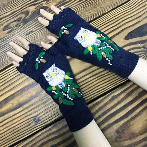 Fashion Womens Autumn Knitted Handmade Embroidery Gloves Embroidered Owl Flowers Mid Long Half Finger Warm Wool Winter Gloves