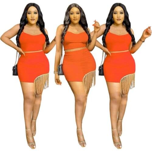 2021 Summer New Fashion Splicing Womens Solid Color Tassel Sexy 2-Piece Set
