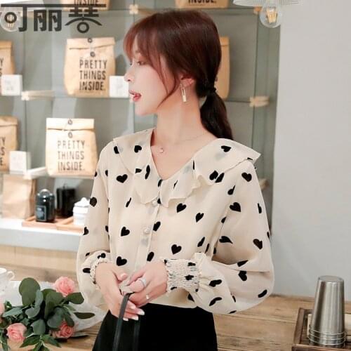 2020 Autumn New Small Shirt Female with Hearts Printed Chiffon Shirt Super Fairy Girl Puff Sleeve Top Sweet Western Style