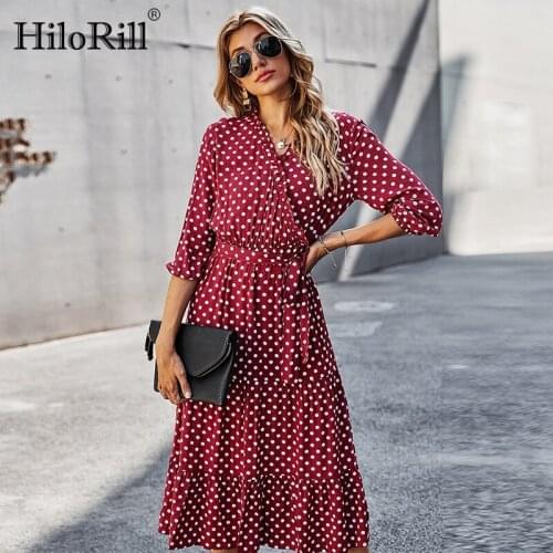 HiloRill Women Elegant A Line Polka Dot Dress With Belt 2021 Bohemian Ruffles Half Sleeve Party Dress Ladies V Neck Chic Dresses