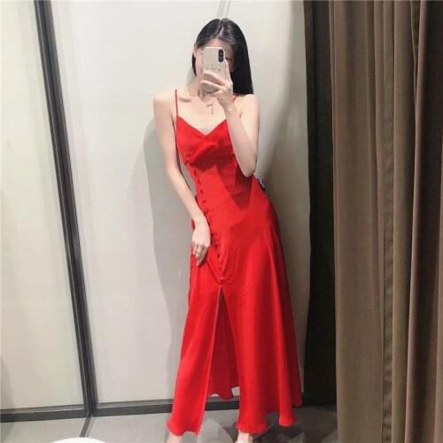 Summer Dress Women Red Camisole Satin Long Dresses Summer Woman Fashion Button Backless Sexy Black Elegant Party Dresses 2021